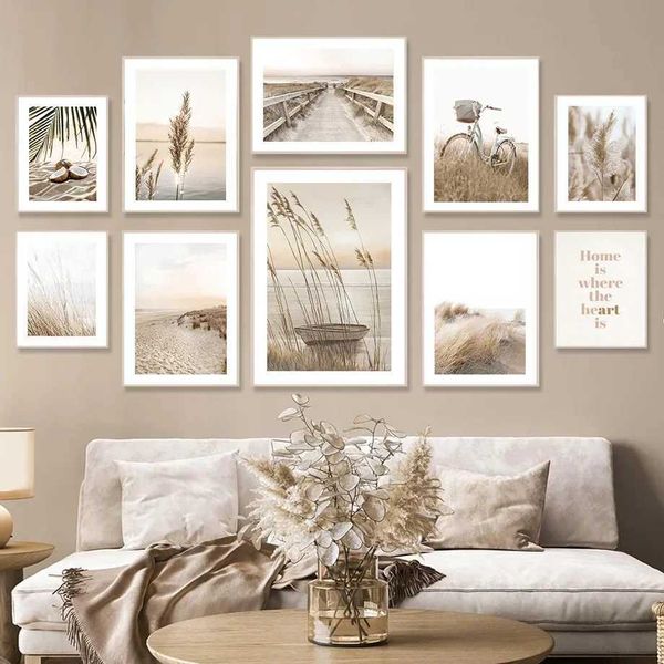 ers boho beige natura reed grass lago bici spiaggia tela nordica dipinto poster e stampe per le stampe per decorazioni per soggiorno j240505