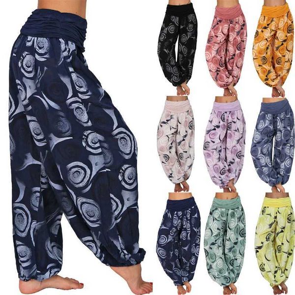 Frauenhose Capris Frauen plus Größe Böhmische Hosen Neue Blumendruck mittlere Taille Lange Hosen Vintage Elastic Taille Wide Leg Hosen Loose Harem Hosen T240505