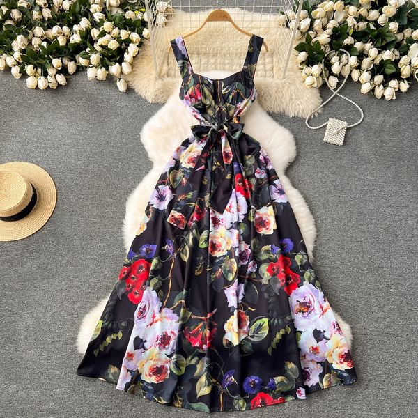 Abiti casual di base estate estate bohémien spaghetti cinturino maxi abito da donna senza maniche tazza di stampa a fiori imbottita per vacanza imbottita senza schienale vestidos lungo 2024