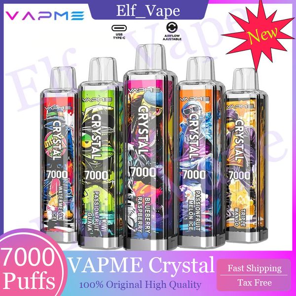 Orijinal Vapme Crystal 7000 Puflar Elektronik Sigara Vape Kalem 14ml Teşvikler 650mAh Şarj Edilebilir Pil Tipi C Fişli Bobin 30 Teşer Mevcut Tornado 7K