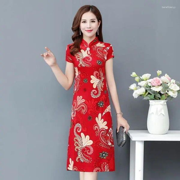 Partykleider 2024 Sommer kurzärmelig Cheongsam Kleid mit mittlerer Mode mittleren und älterer Frauen großer Retro Slim