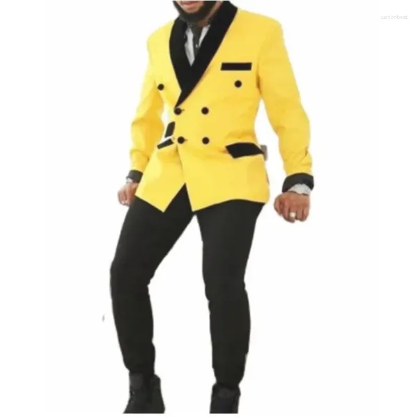 Ternos masculinos Amarelo para homens 2 peças Black Velvet Shawl lapela baile de festa macho terno masculino traje Homme Blazer Sets Travel Wear Pant