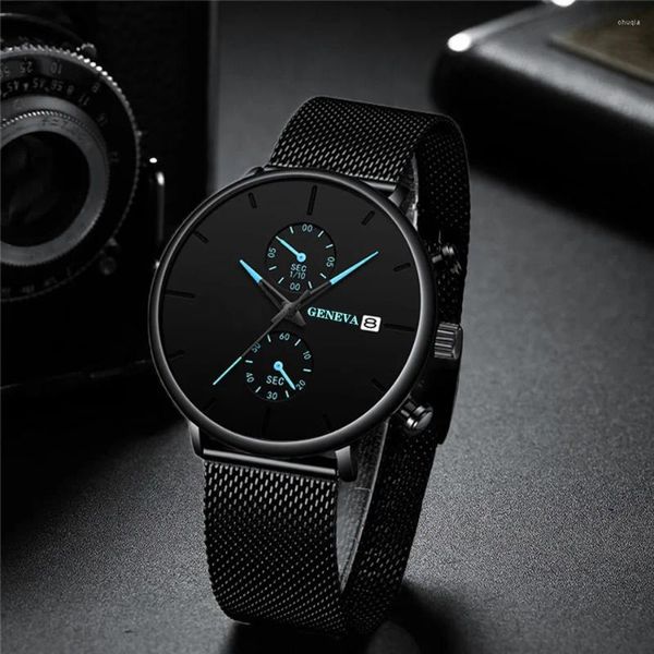 Relógios de pulso 2024 Genebra Watch Men Sports Watches Black Mesh Band Data Automática Quartz Preço Droga Relogio Masculino