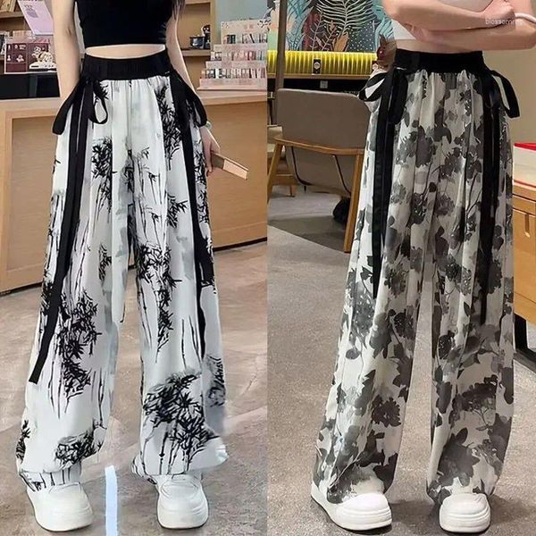 Frauenhose Chinesische Style Tinte Wash Wash Ice Seide Weitbein für Sommer Mädchen dünne Freizeitgurt Draping gerade Mopp