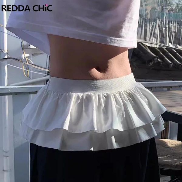 Saias Reddachic 90s Retro frodolento mini -saia em camadas de mulheres, cintura elástica de sobreposição branca plana y2k roupas coreanas