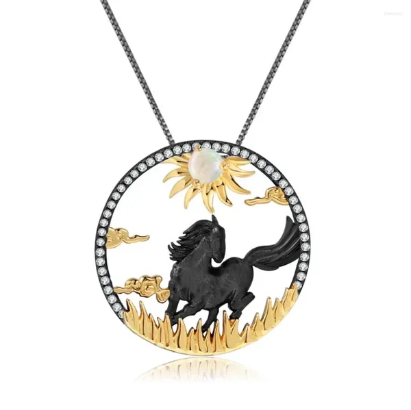 Ketten bleibende goldplattierte Pferde 12 chinesischer Zodiakschmuck natürlicher afrikanischer Opal Edelstein 925 Sterling Silber Custom Anhänger Halskette