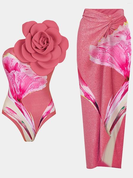 Frauen Badebekleidung 2024 Drucken großer Blumen ein Stück Badeanzug für Frauen Strandkleid Schulter weibliche Push Up Monokini Badeanzug xl xl