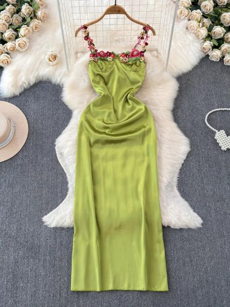 Lässige Kleider Foamlina französische süße Blumenstickerei Sling Kleid Sommer Mode Frauen ärmellose schlank sexy Abendparty Langes Satin