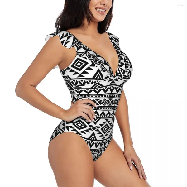 Frauen Badebekleidung sexy ein Stück Badeanzug Push Up schwarz -weißes Stammesmuster Frauen Rüschen Monokini Bodysuit Badeanzug