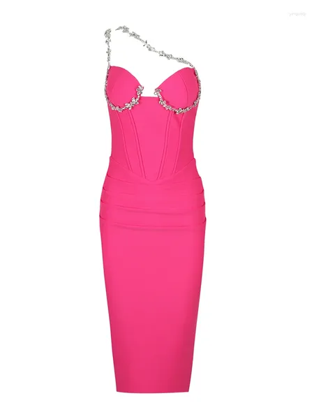 Abiti casual sexy cistalli di cristallo abito da bendaggio una spalla Donne Rosa senza maniche senza manompersi Midi BodyCon Celebrity Party Formale