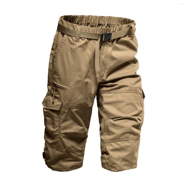 Shorts masculinos Cargo 3/4 Relaxed Fit Mens executando 7 bolsos do dia da cintura elástica de algodão