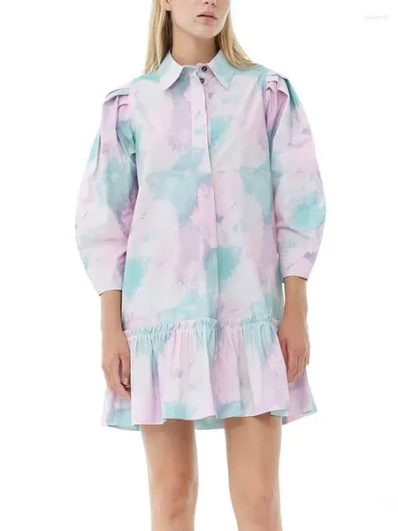 Lässige Kleider Frauen Halo Färbe Hemdkleid Kleiderkragen 2024 Frühlings Sommer Frauen drei Viertel Laternenhülle Rüschen Trim Mini Robe