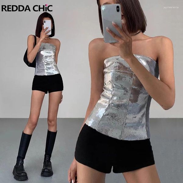 Kadın Tankları Reddacic Glitter Pulin Tüp Top Kadınlar 90'lar Retro Silver Seksi İnce Fit Korse Zip-Up kolsuz yelek Y2K Grunge Street Giyim