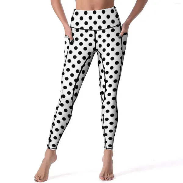 Leggings femininas bolinhas pretas ponto de ponto círculos Art Fitness Yoga Pressione Pressione Leggins Vintage Espor