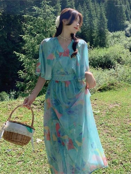 Abiti per feste 2024 Summer Women Holiday Dress BOHO Vintage Oil Painting Floral V-Neck Female Vestidos French Elagant French Elagant