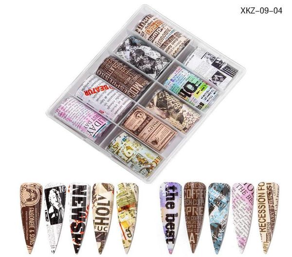10 pezzi set di lamina un chiodo Mescola Mescole Design di giornali farfalla lettere a bordo Sky Adesive Adesive Trasferimento di carta per nail art blabbrena per decalcine