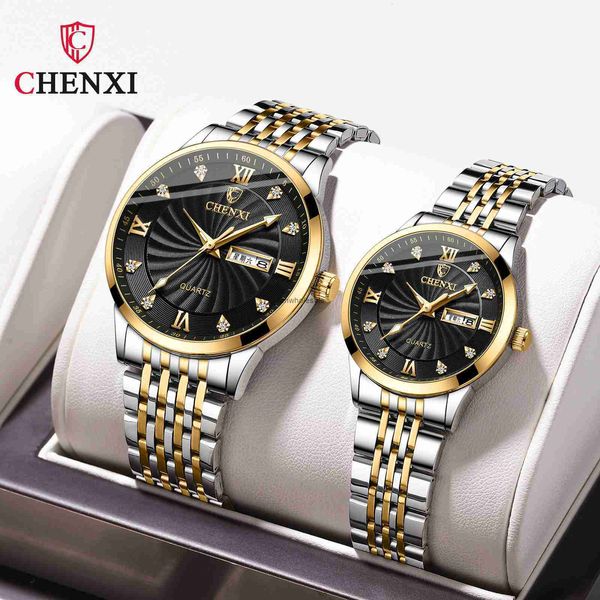 Chenxi/Dawn High -End -Paar Watch Double Calendar Herren und Womens Watch Room Gold Steel Band Quartz Uhr