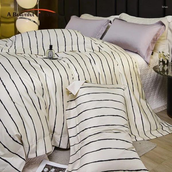 Set di biancheria da letto a strisce nere di lusso set di cotone egiziano morbido piumino setoso foglio letto o cuscino trapuntato