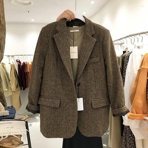 Ternos femininos de outono/inverno estilo britânico lã solta tweed blazer blazer retro casual cor sólida blazers de espinha de peixe para mulher