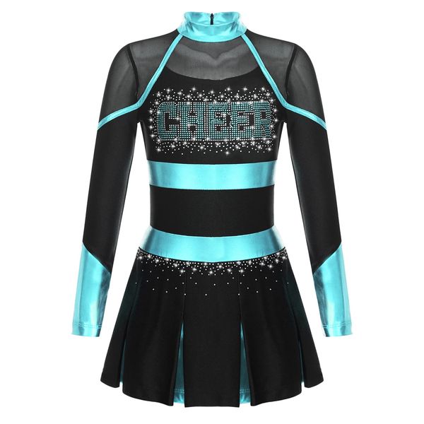 Ragazza cheerleading performance danza costume femminile cheerleading uniforme a maniche lunghe Abito a maglia trasparente con diamante longatura 240425