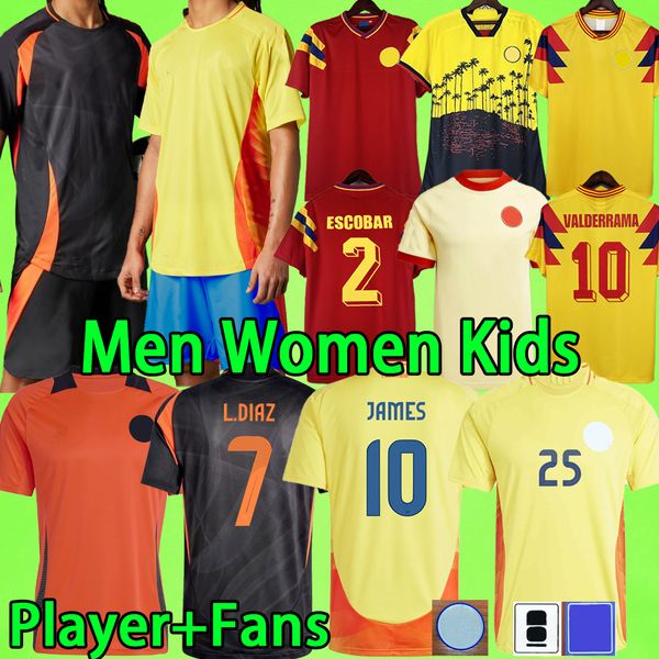 Kolombiya 2024 Futbol Formaları Çocuk Kiti Luis Diaz Arias Kadın 1990 Retro Valderrama Hayranları Oyuncu Versiyonu Futbol Gömlek 24 25 Escobar Guerrero Falcao James Columbia