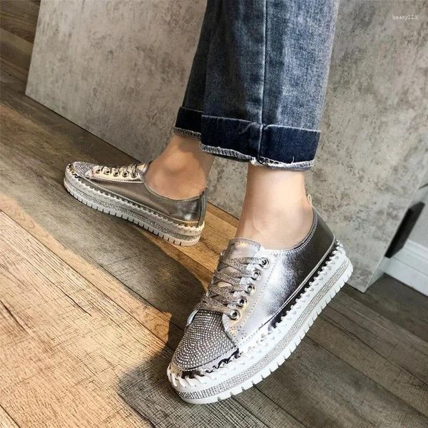 Sapatos casuais Luxury Spring Fashion Bling Lace Up Ladies confortável Round Round Plataform Sneakers White Women Crystal Shoe 2024