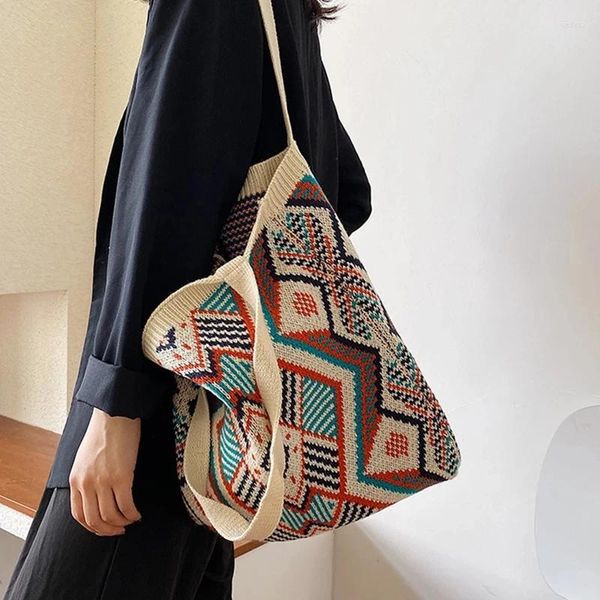 Umhängetaschen Dame Strick Gypsy Bohemian Boho Chic Aztec Tasche Frauen SACK Häkeln Wolle offener Käufer Top-Griff Frauen täglich Handtasche