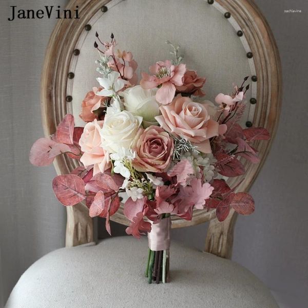 Hochzeitsblumen Janevini Vintage Pink Blumensträuße Künstliche Braut mit Seidenrosen Brautjungfer Braut Blumenstrauß Fleurs Mariage 2024