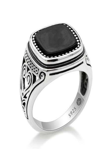 925 Sterling Silber Männer Ring mit Suqare Natural Black Stone Geschnitztes Design Thai Silber Ring für Frauen Männer Turkischer Schmuck 5630571