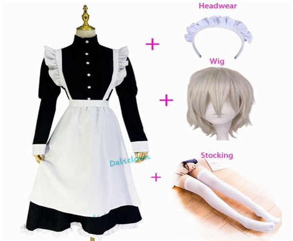 Frauen Männer Crossdresser Sissy Maid Outfit Langes schwarzes weißes Schürze Kleid Haushälterin Uniform Anime Halloween Cosplay Kostüm Perücke Y0907107467