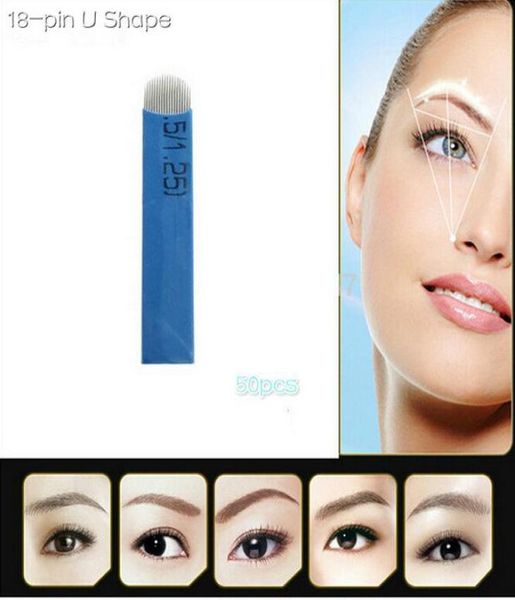 50 ПК 18 PIN -u -Shape Tattoolyseles Permanent Makeup Endbrow Emelcodery Blade для 3D Microblading Manual Tattoo Pen5600296