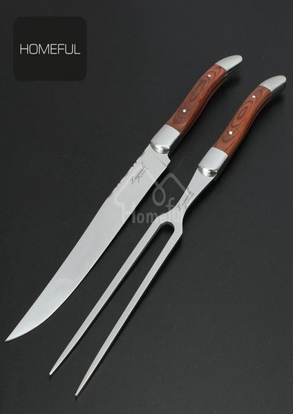 LAGUIOLE STABOLET FNIPE Set Bife Carne BBQ Knife and Fork Conjunto com Wood Pakka e Bolster Handle 2011132937005