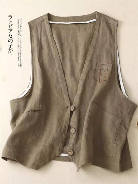 Giubbotti da donna 2024 retrò ricamato in lino estivo ricamato per donne sciolte a v-scollo a V Giacca corta Sleeming Sleeveless Top K670