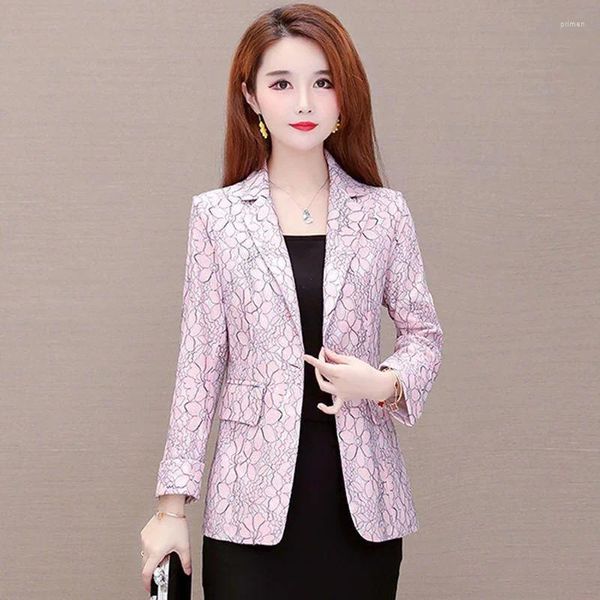 Frauenanzüge S-4xl Frauen Blazer Jacke drucken schlanker loser Frühlingssommer Herumn Casual Office Arbeit Mittelalter Mutter Plus Größe Beige Pink