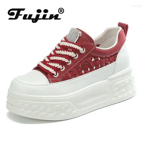 Sapatos casuais Fujin 7cm 2024 Couro genuíno HOLUINA Mulheres de verão plataforma de cunha de tornozelo tênis grossa vulcanizar respirável