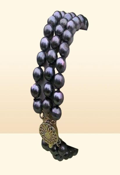 3 Stränge natürliche 89 mm tahitianische schwarze Perle Armband W0123962998