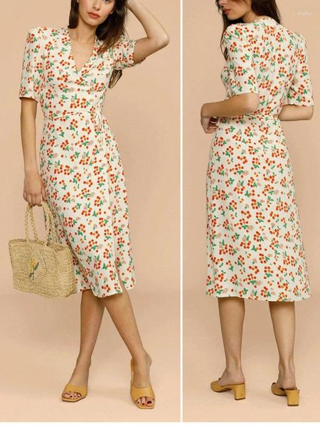 Vestidos de festa Mulheres Cherry Print One Piece Dress Dress V Summer Summer Sweet Ladies Side fenda Lace-up Short Midi