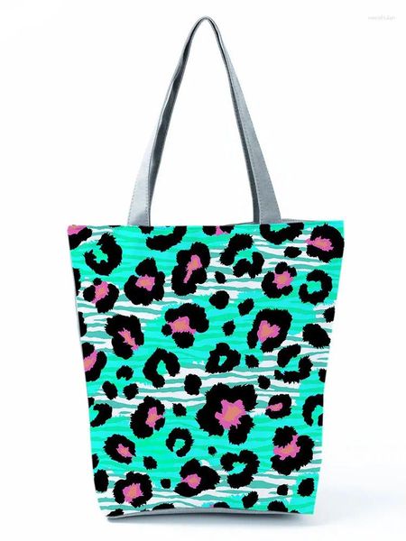 Bolsas de ombro bolsa de leopardo verde bolsa diária saco de moda de moda ao ar livre viagens reutilizáveis ​​de alta capacidade de compras padrão personalizado