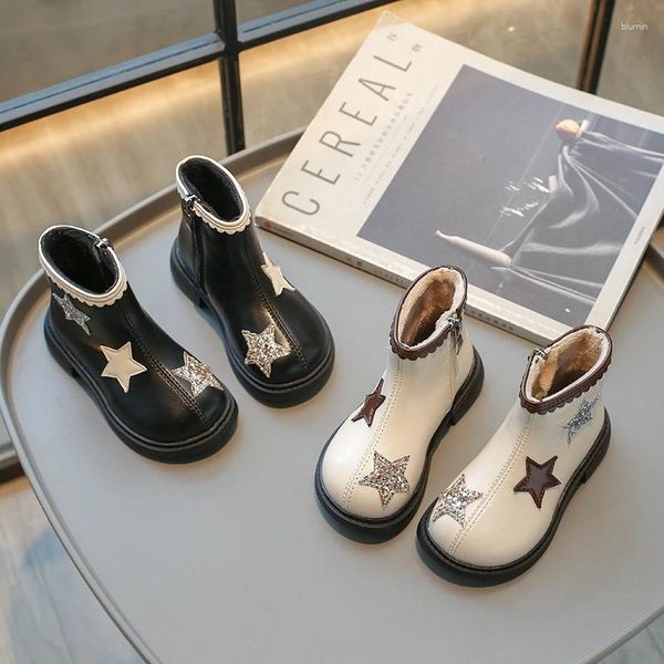 Boots Girl's Winter Star Glitters zíperes robustos infantis pretos crianças de bota curta de bota curta quente e elegante de pé 21-30 sapato infantil