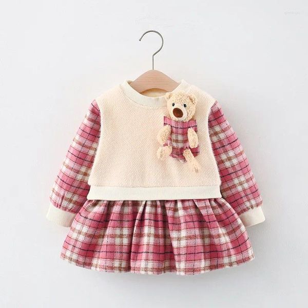 Mädchenkleider Prinzessin Herbst Winter Full Sleeve Patchwork Plaid 3d Bear Kleinkind Kinder Baby Mädchen Kleidung 6m-4y