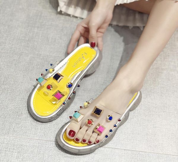 Роскошные дизайнерские женские туфли дизайнерские тапочки прозрачные цветовые заклепки платформы слайд-шлепанцы Ded Anti-Skid Lote Bottom Fashion7886050