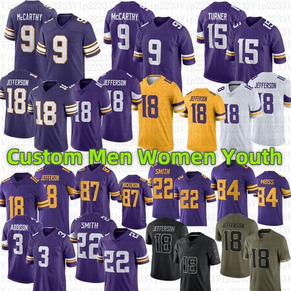 9 McCarthy Justin Turner Jefferson Addison Jersey de futebol Dalvin Cook Adam Thielen Harrison Smith Danielle Hunter Randy Moss Lewis Cine T.J.Hockenson Darnold Bynum