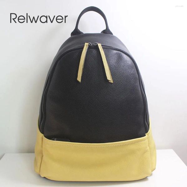 Sacos escolares Relwaver Backpack de couro genuíno Contraste amarelo Mulheres negras 2024 Summer Soft Soft Bag Travel Big Travel