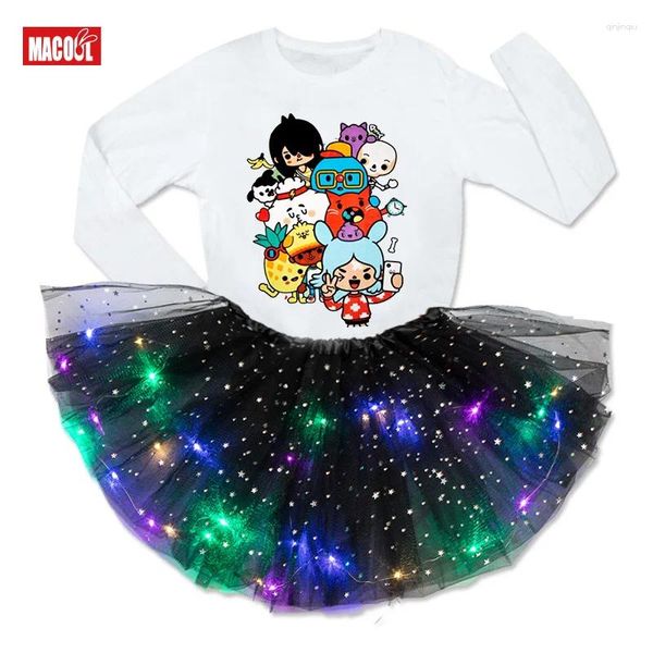 Roupas conjuntos de roupas meninas tutu vestido de manga comprida camiseta terno de cota roupas 2 pcs Princess Party led Saias leves roupas de menina