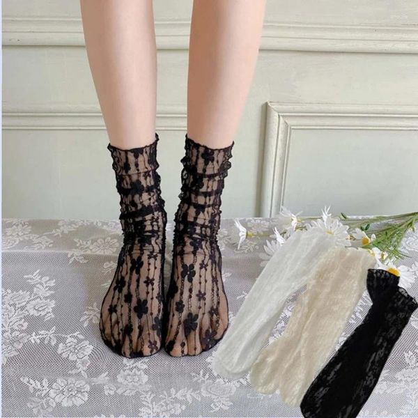 Women Socken Mode Spitze Blumen Lolita süße Mittelröhre Transparent Socken Mädchen süße atmungsaktiv