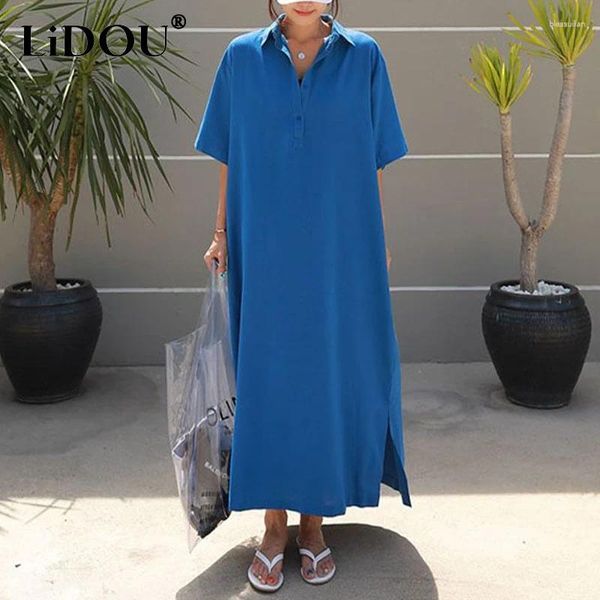 Partykleider Sommer Turndown Halsband Feste Farbe T-Shirt Kleid Frauen Knopf Kurzarm Lose lässige Maxi Damen Koreanische Robe