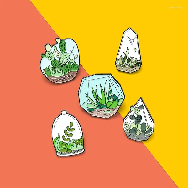 Broschen Topf Pflanze Emaille Pins Custom Terrarium Cactus Aloe Kleidung grün