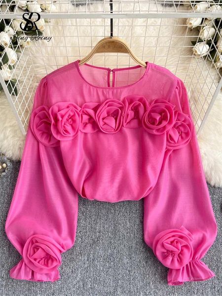 Blouses femininas Sirreiny 3D Flowers Pullover Blouse French o pescoço de manga comprida Camisa de chiffon Moda Solid Office Lady Summer Casual Loose