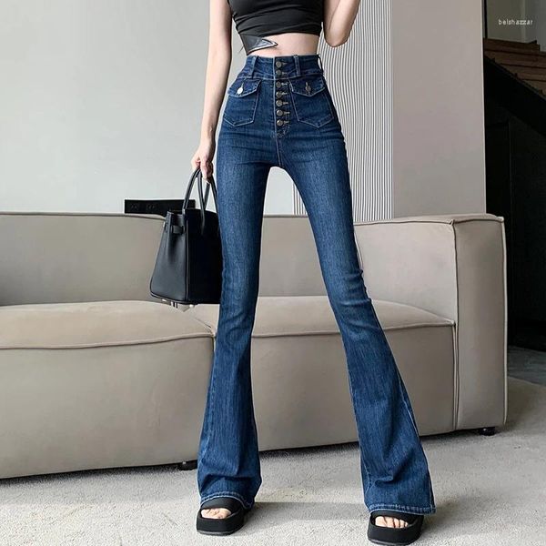 Frauenjeans fit für 163-175 cm Frauenknopf Flare Frühling Frühling Sommer hoher Taille Slim Boot Cut Denimhose Lady Stretch