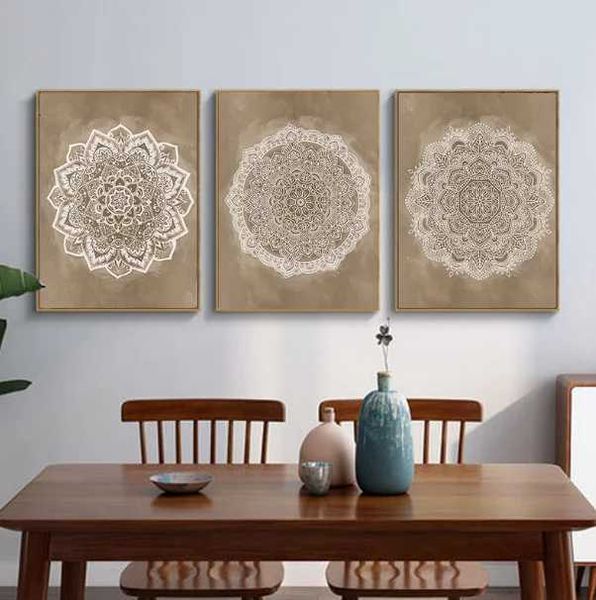 Allpaper Mandala Boho Wandkunst Canvas Malerei Poster Print Brown für rustikale Schlafzimmer Büro Wohnheimdekorbilder Badezimmer Geometrie J240505